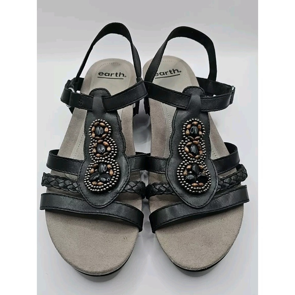 Earth Pisa Falmouth Beaded Sandals 8.5 Cushioned Black Boho Leather Shoes 27A